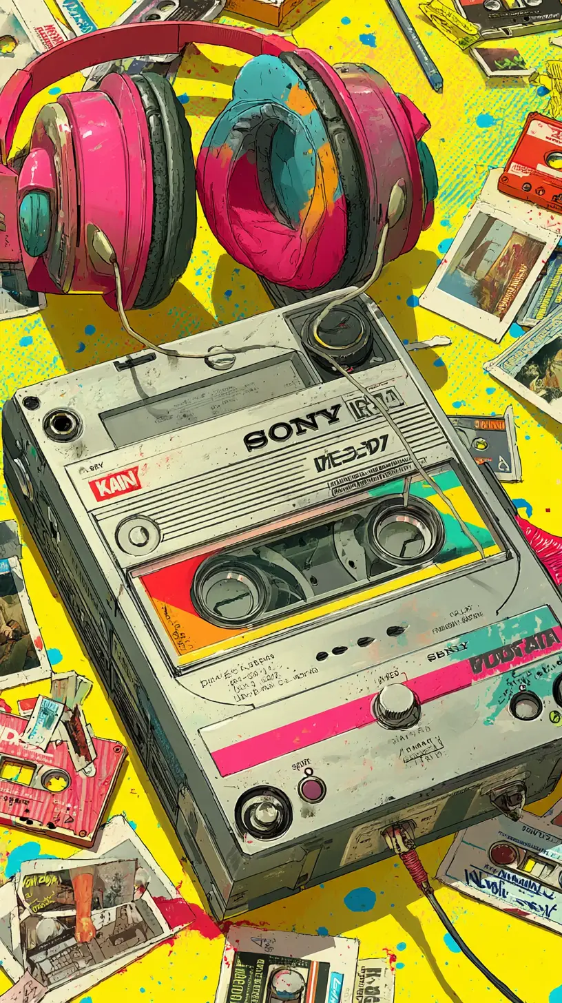 Floating sony walkman cassette player as retro pop hero