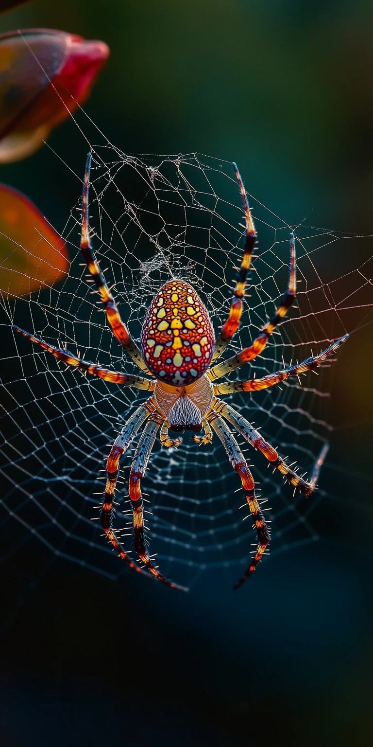 Macro spider weaving a flower shaped web on dark background