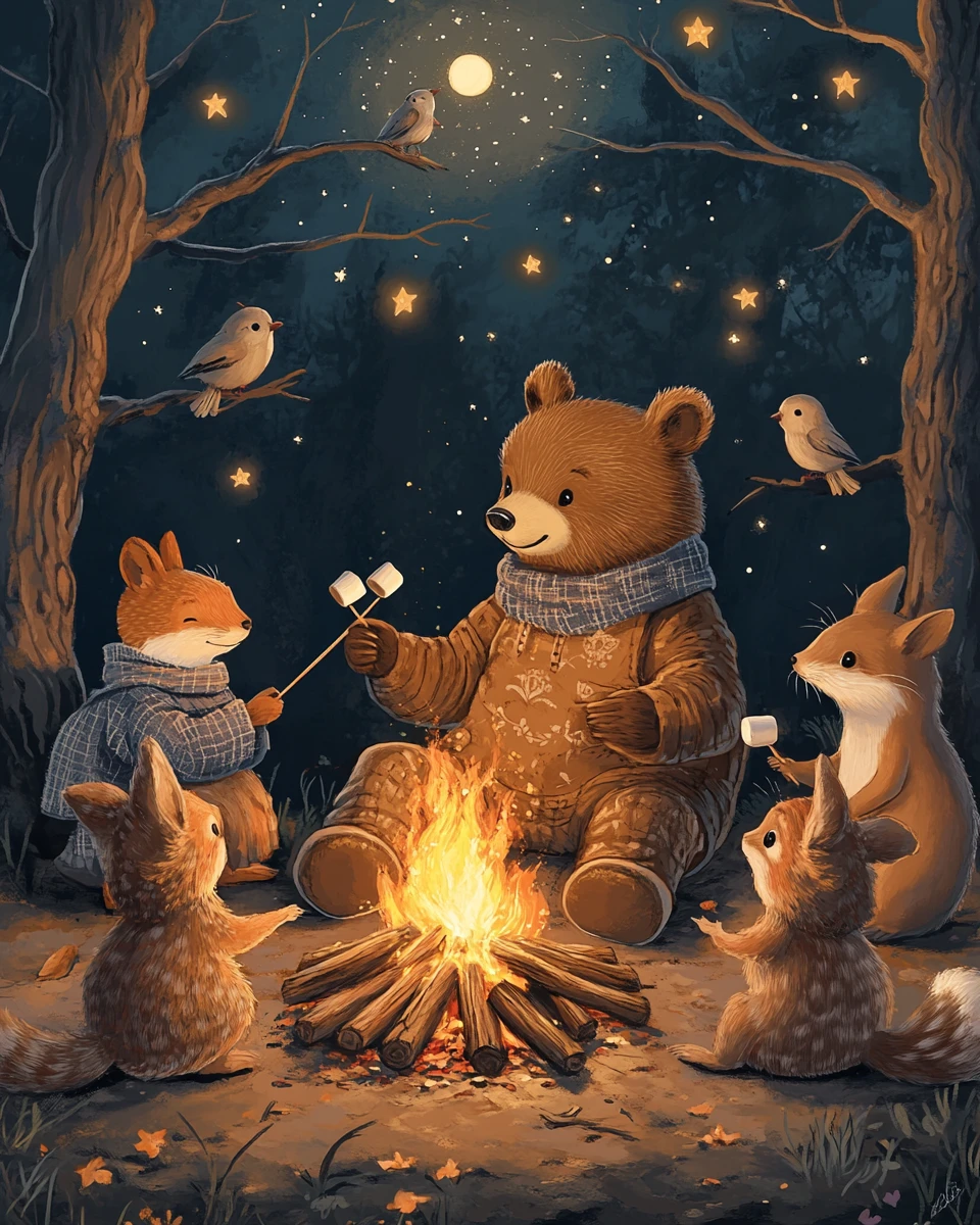 Little bear telling stories by a forest campfire