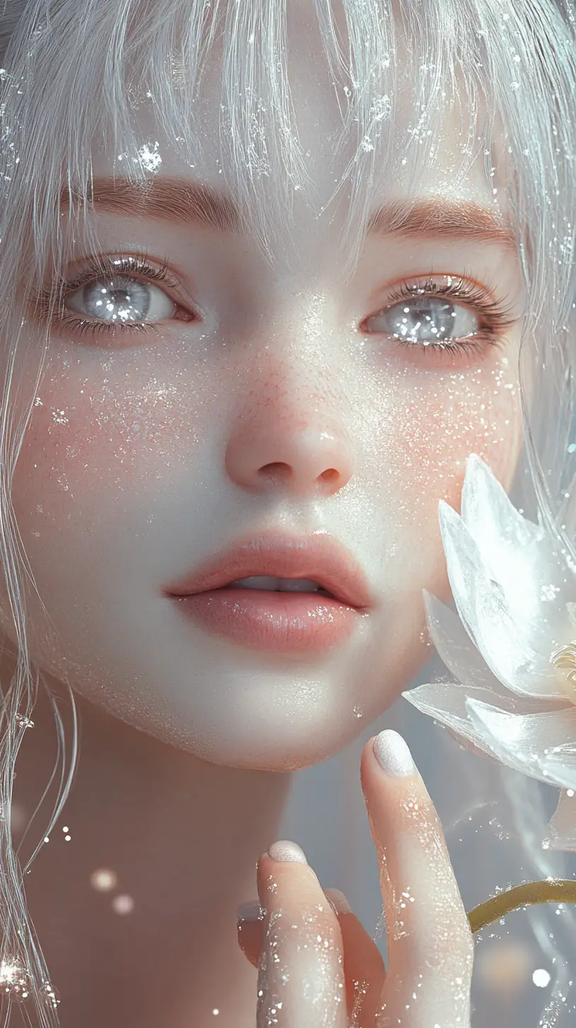 Ethereal anime girl portrait with luminous silver eyes