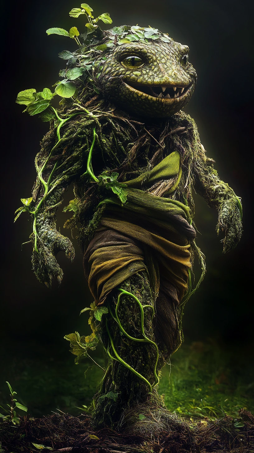 Playful jungle fantasy creature wrapped in organic layered fabrics