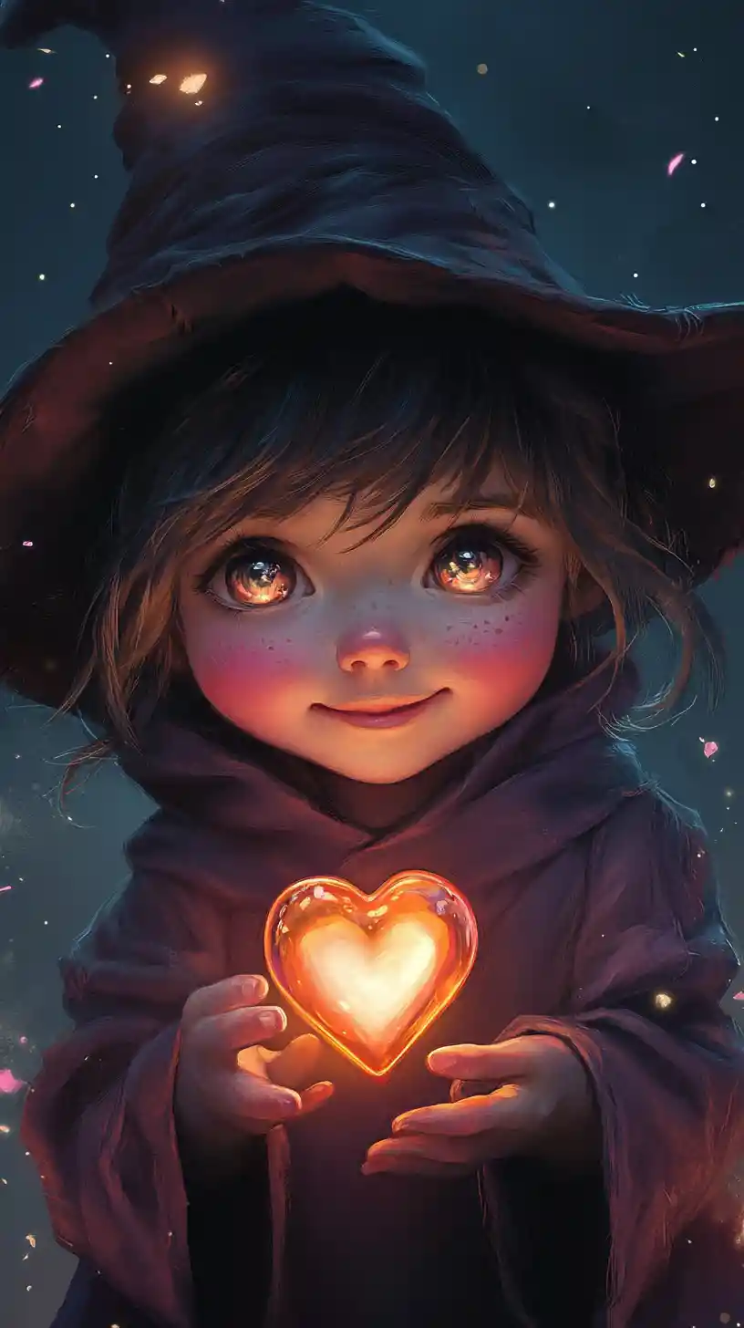 Whimsical toddler wizard holding glowing heart potion bottle