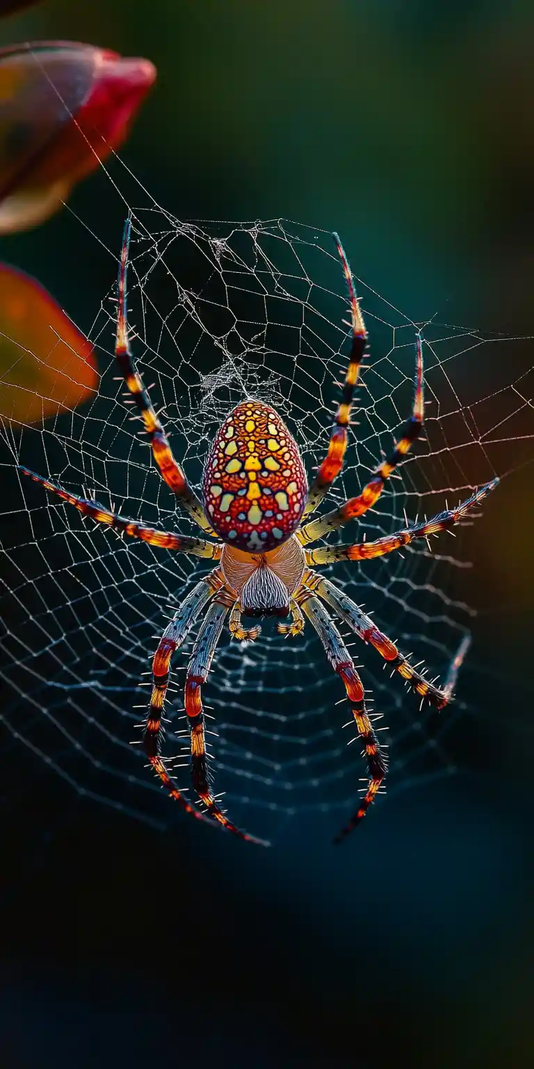 Macro spider weaving a flower shaped web on dark background