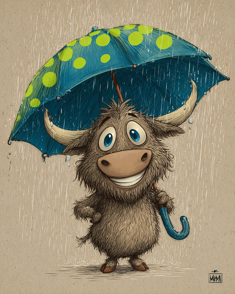 Bisonte Bebé Alegre con Paraguas Bajo la Lluvia
