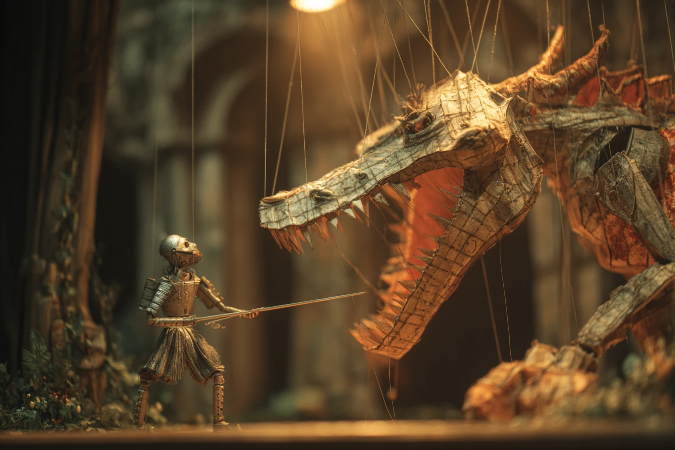 Duelo entre caballero y dragón en un dramático escenario de marionetas