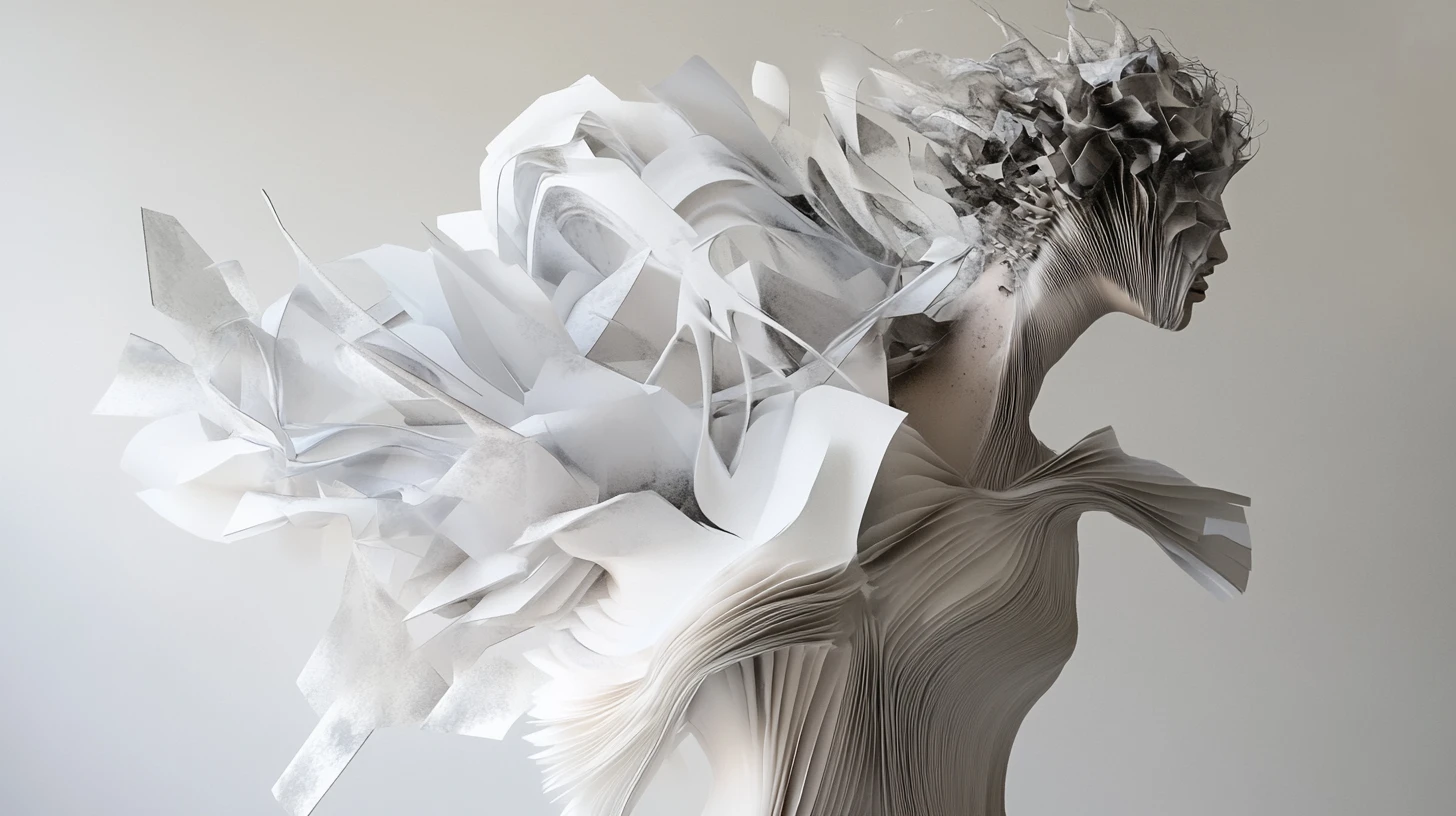Abstract feminine sculpture dissolving into geometric fragments