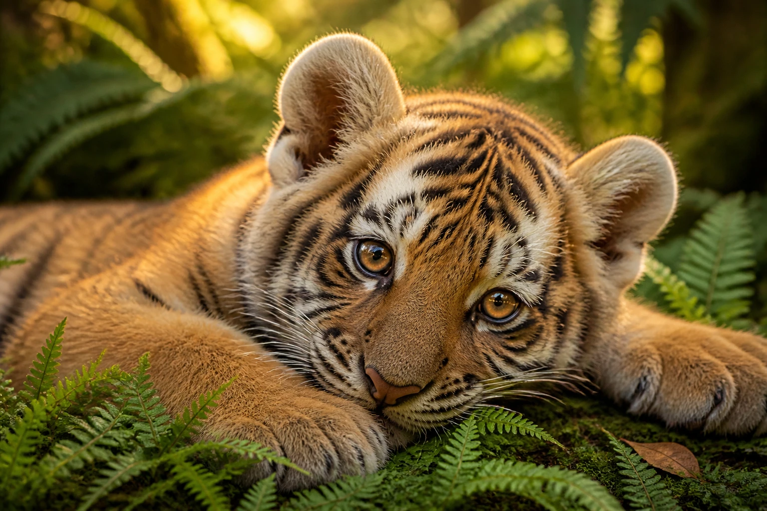 Cachorro de tigre descansando sobre helechos a la luz de la jungla