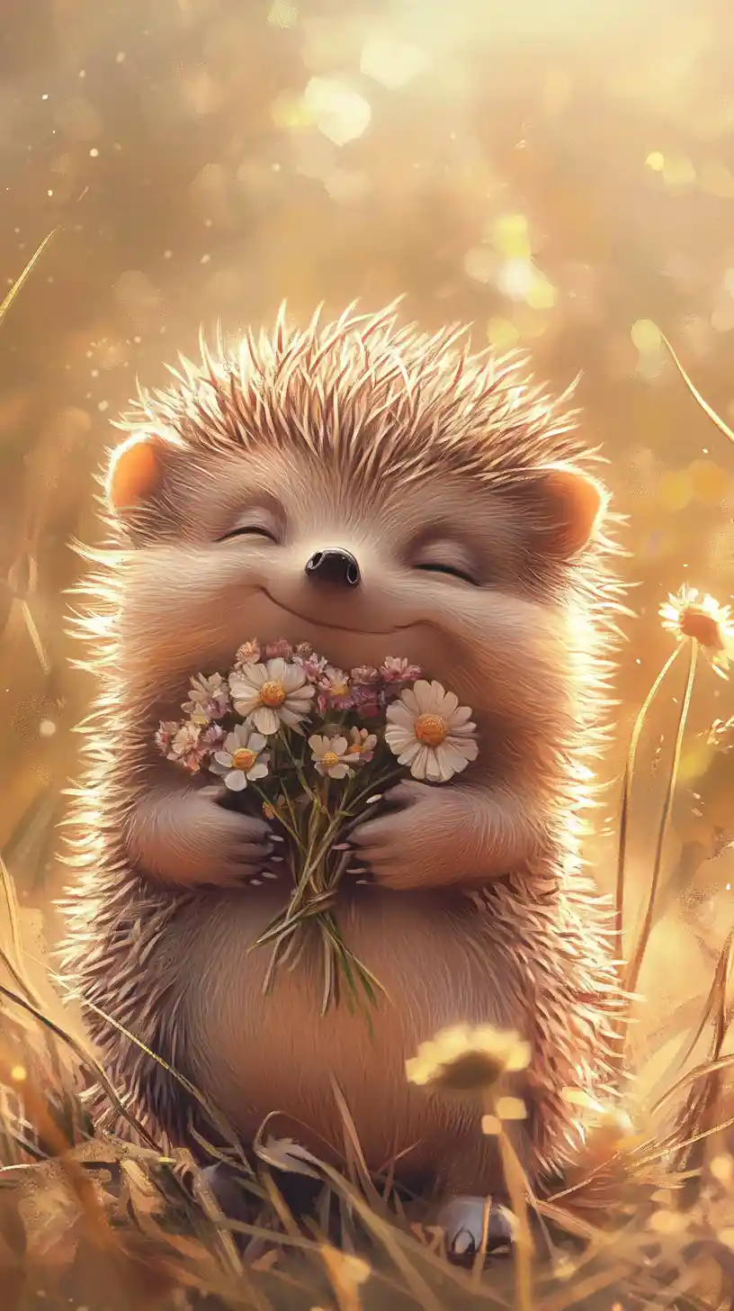 Cute baby hedgehog holding flowers in warm sunlight illustration