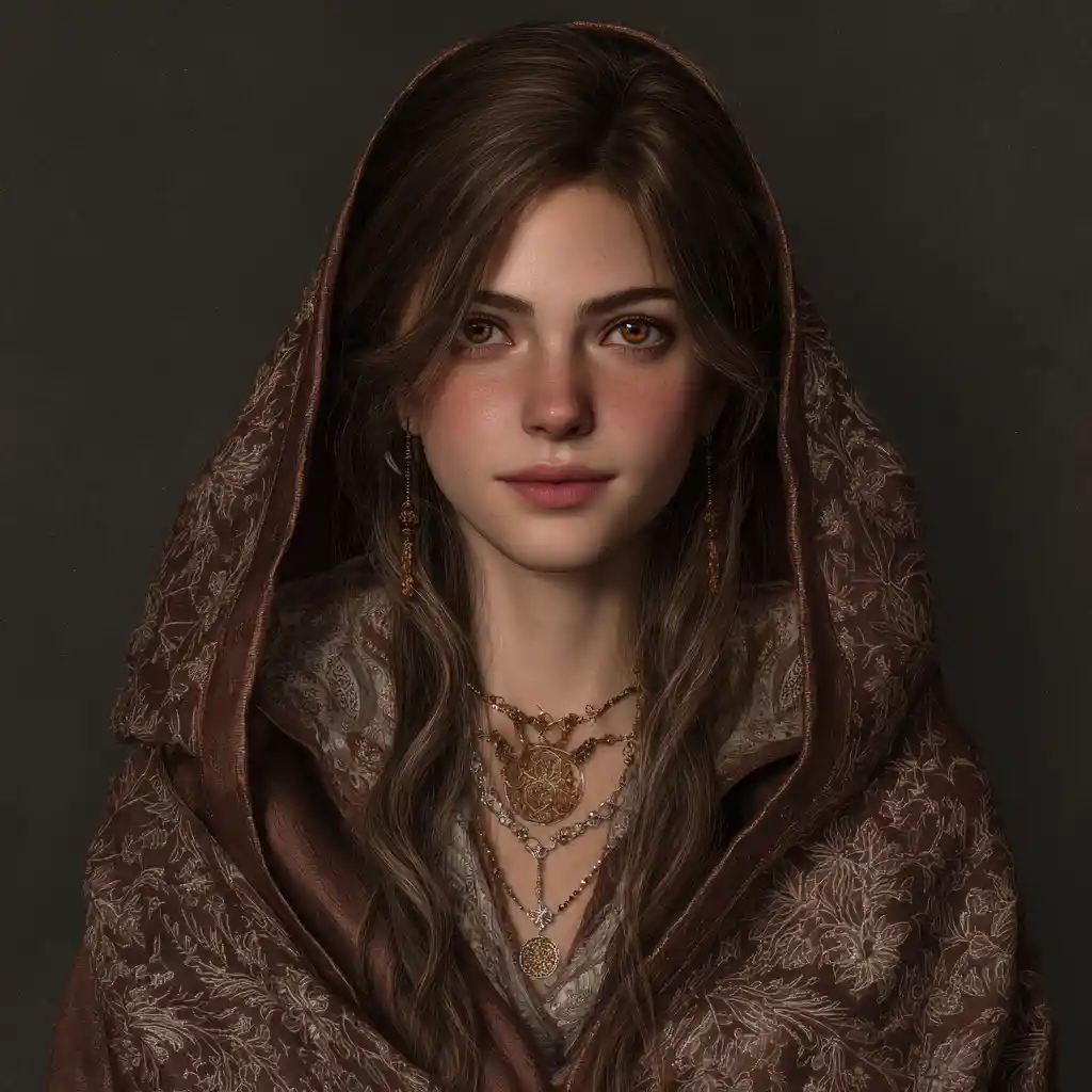 Kind elven sorceress in humble robes with warm expression