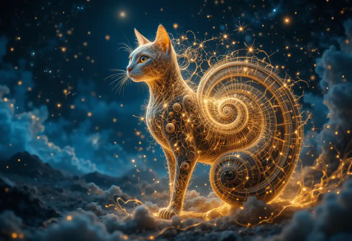 Majestic nautilus cat in glowing sacred geometry