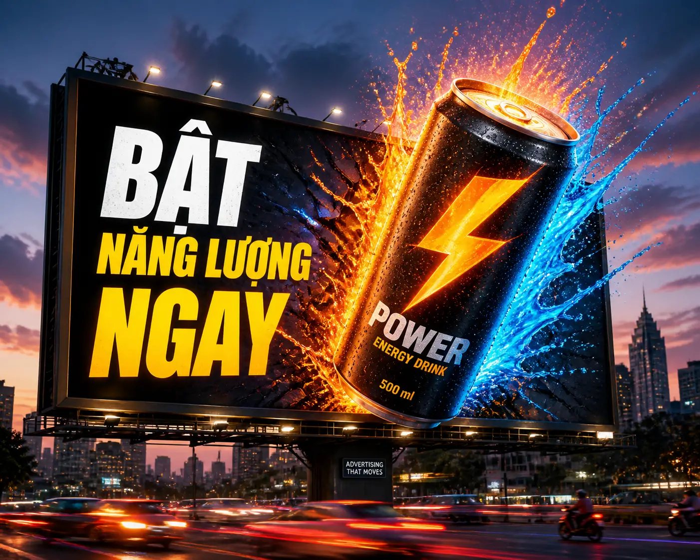 Lattina di energy drink che esplode da un cartellone urbano al tramonto