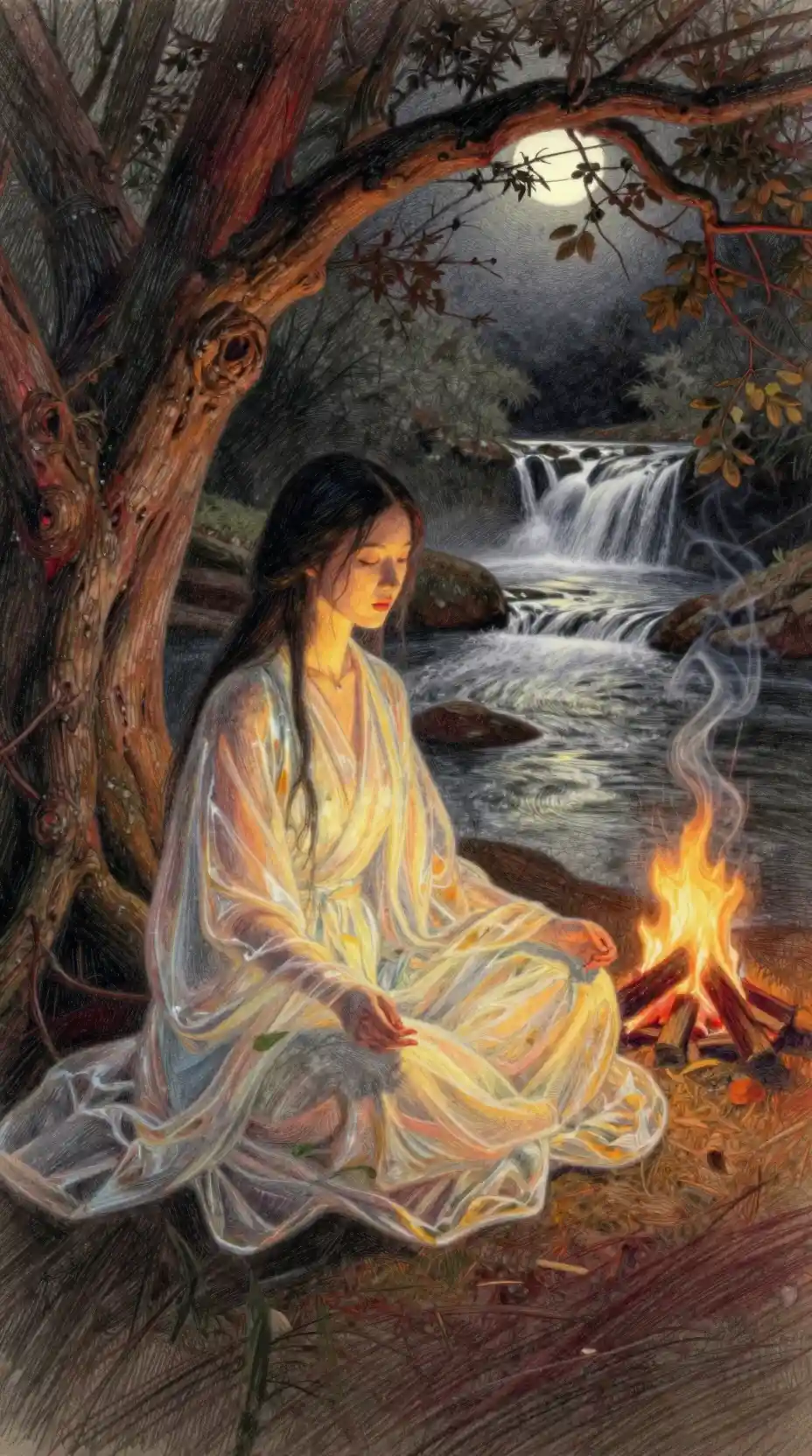 Ethereal woman meditating under a twisted tree by moonlit river