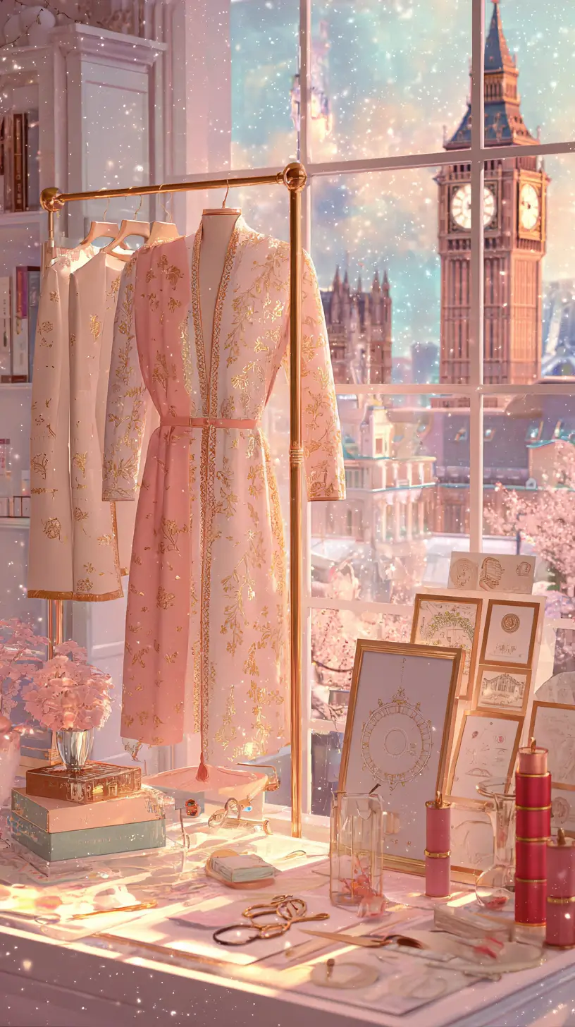Pastel witch fashion studio with floating silk kimono