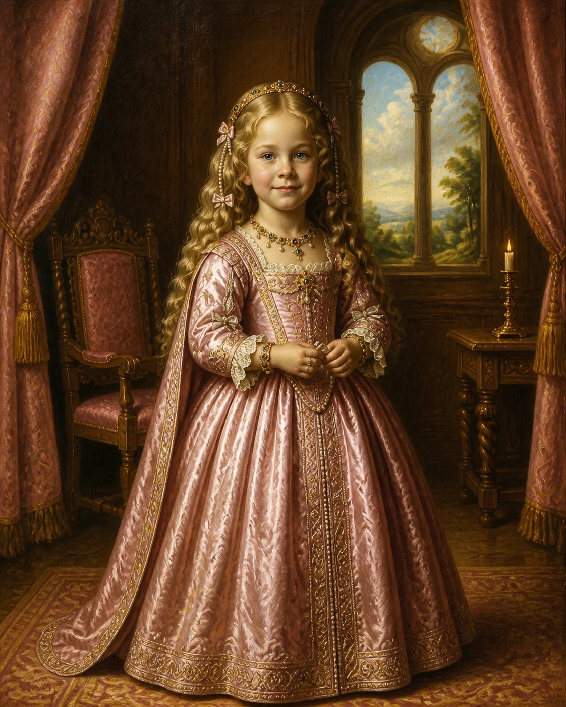 Baroque portrait of noble girl in ornate pink silk dress