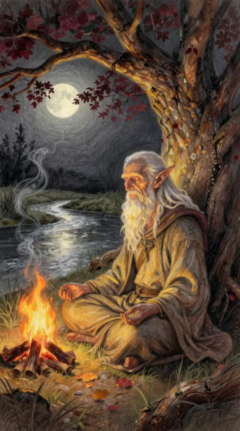 Old elf meditating beneath a twisted tree by the river