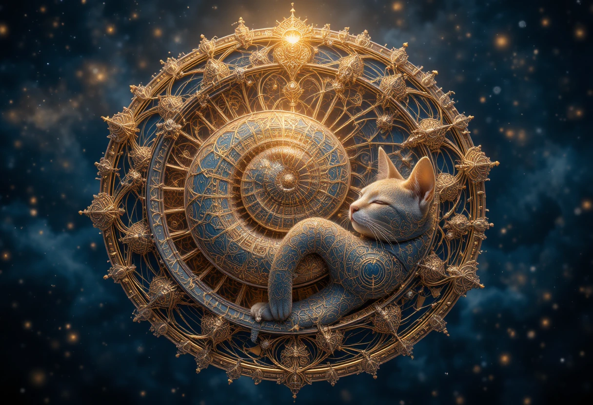 Sleeping cat curled into a golden nautilus shell spiral
