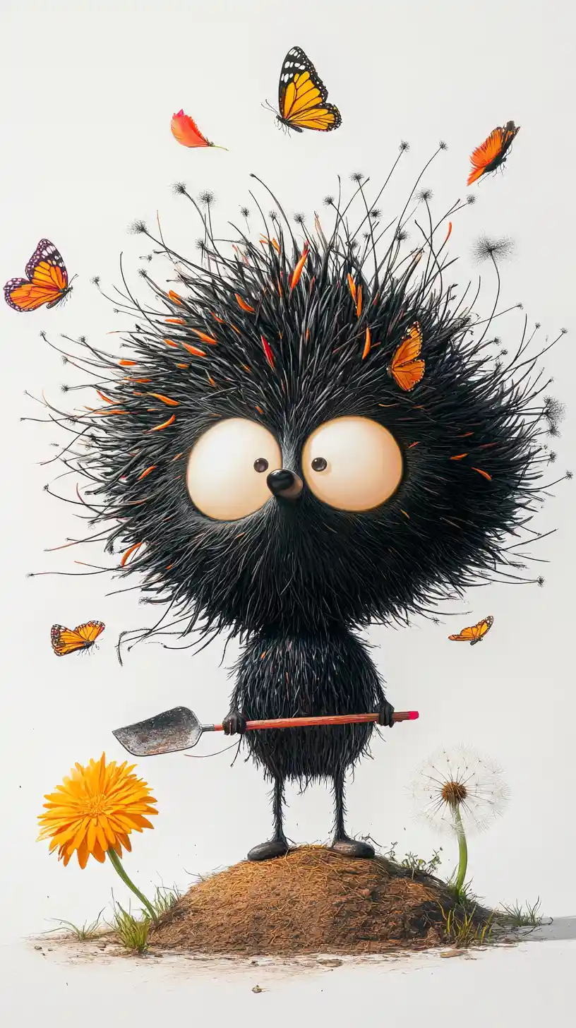 Shaggy Cartoon Hedgehog With Shovel And Butterflies