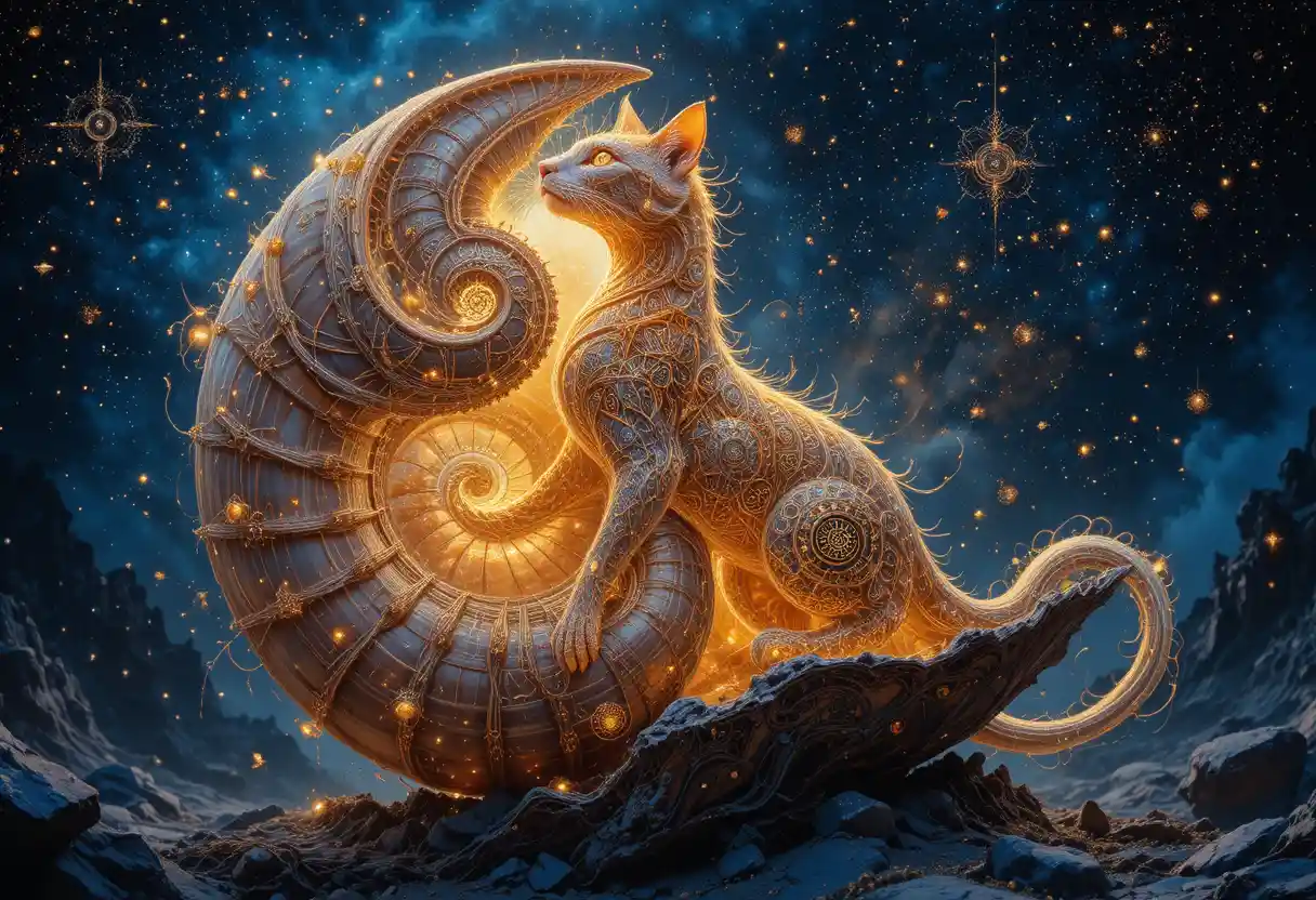 Mystical Serpentine Cat Emerging From Glowing Nautilus Shell