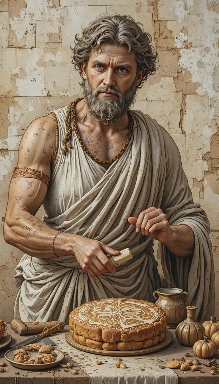 Ancient baker decorating ritual bread in a classical city