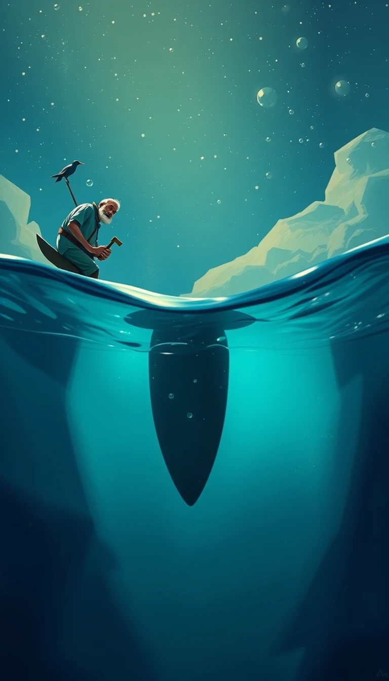 Old fisherman alone at sea with his fishing line
