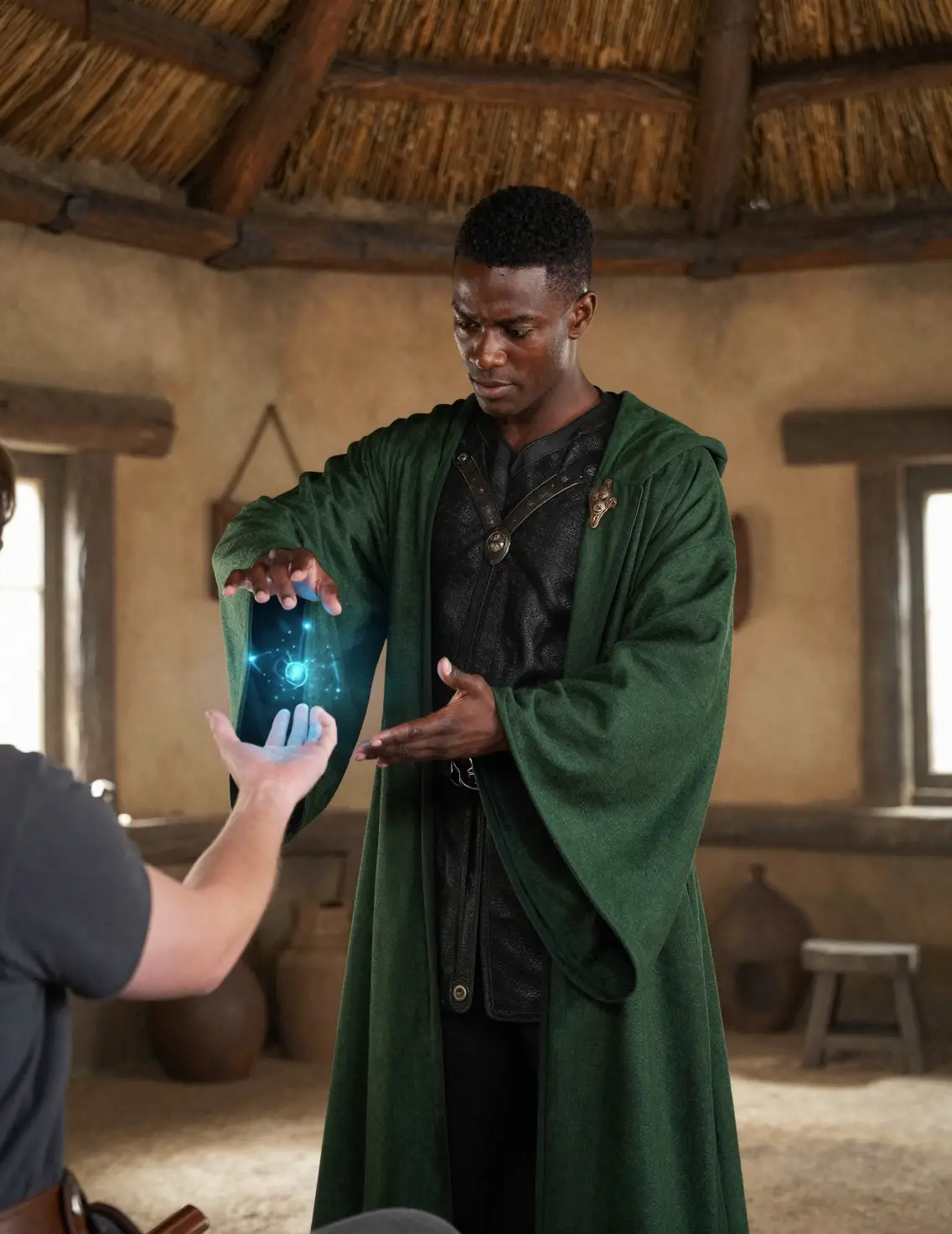 Joven mago africano curando un brazo herido en interiores