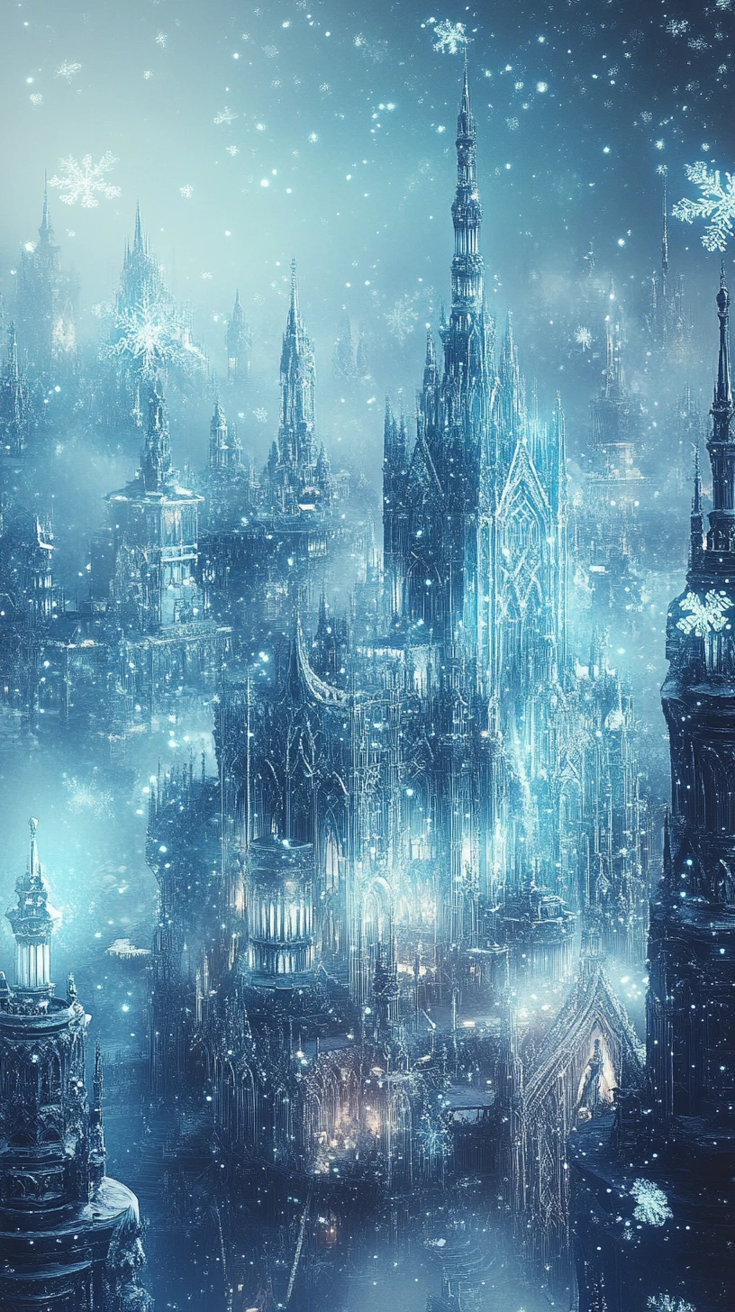 Ethereal crystal city of frozen spires in icy blue glow