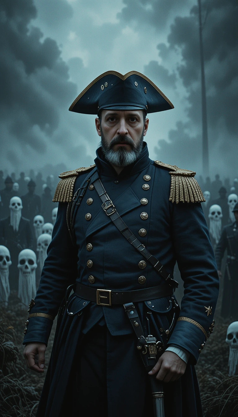 American war general on haunted battlefield with ghosts
