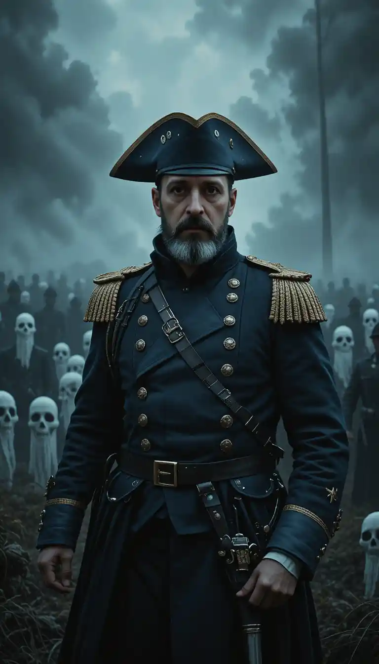 American war general on haunted battlefield with ghosts