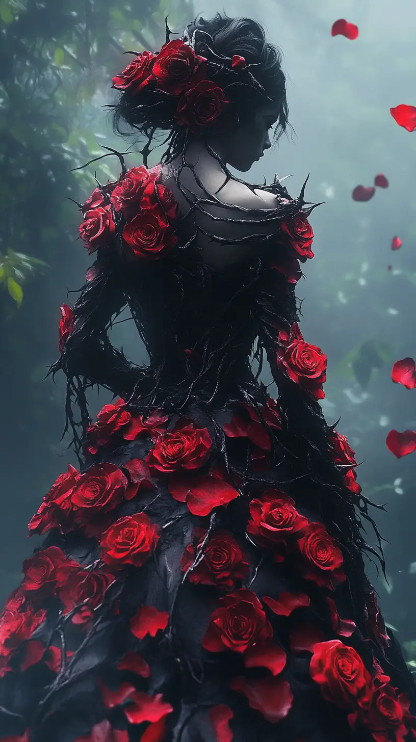 Fantasy woman in a thorned rose gown in gothic garden