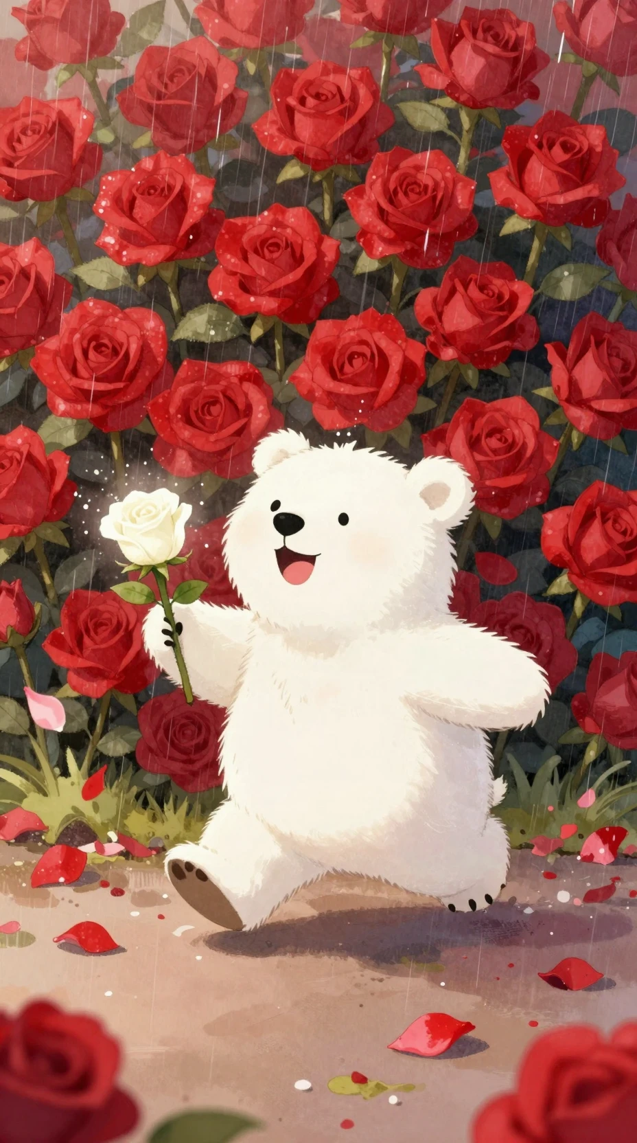 Joyful White Bear Running Through Falling Red Rose Petals