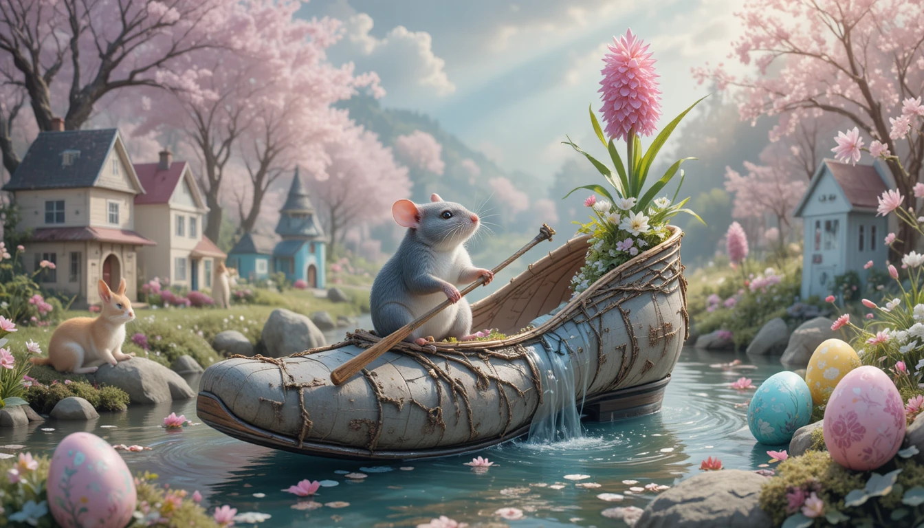 Little gray mouse rowing a birch bark slipper boat
