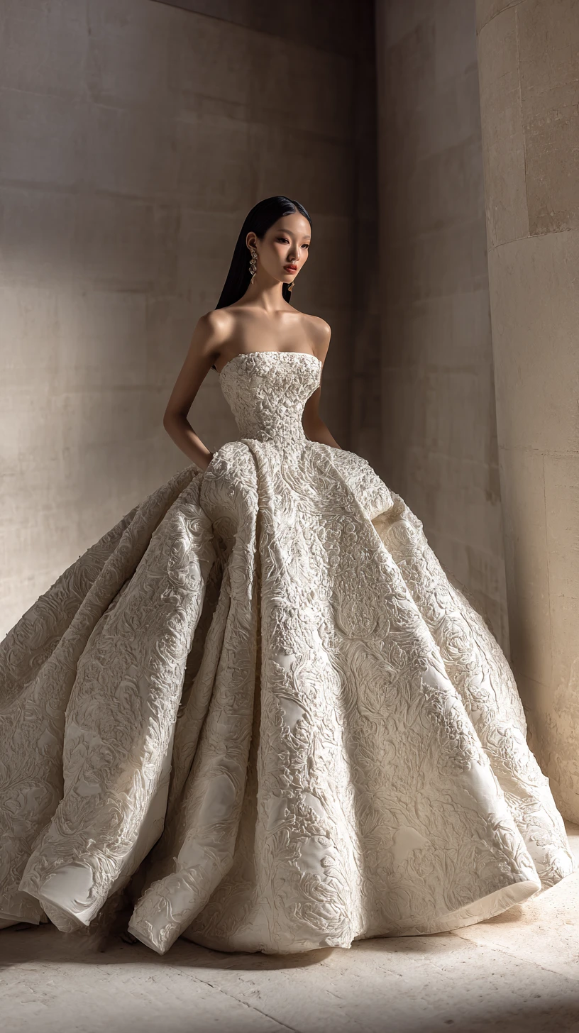 Elegante vietnamesische Braut in einem Couture-Elfenbein-Hochzeitskleid