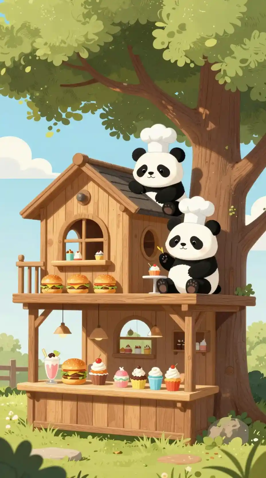 Charming wooden treehouse cafe with cute panda characters