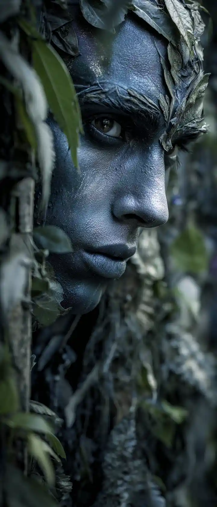 Male dancer camouflaged among leaves in a mystical forest