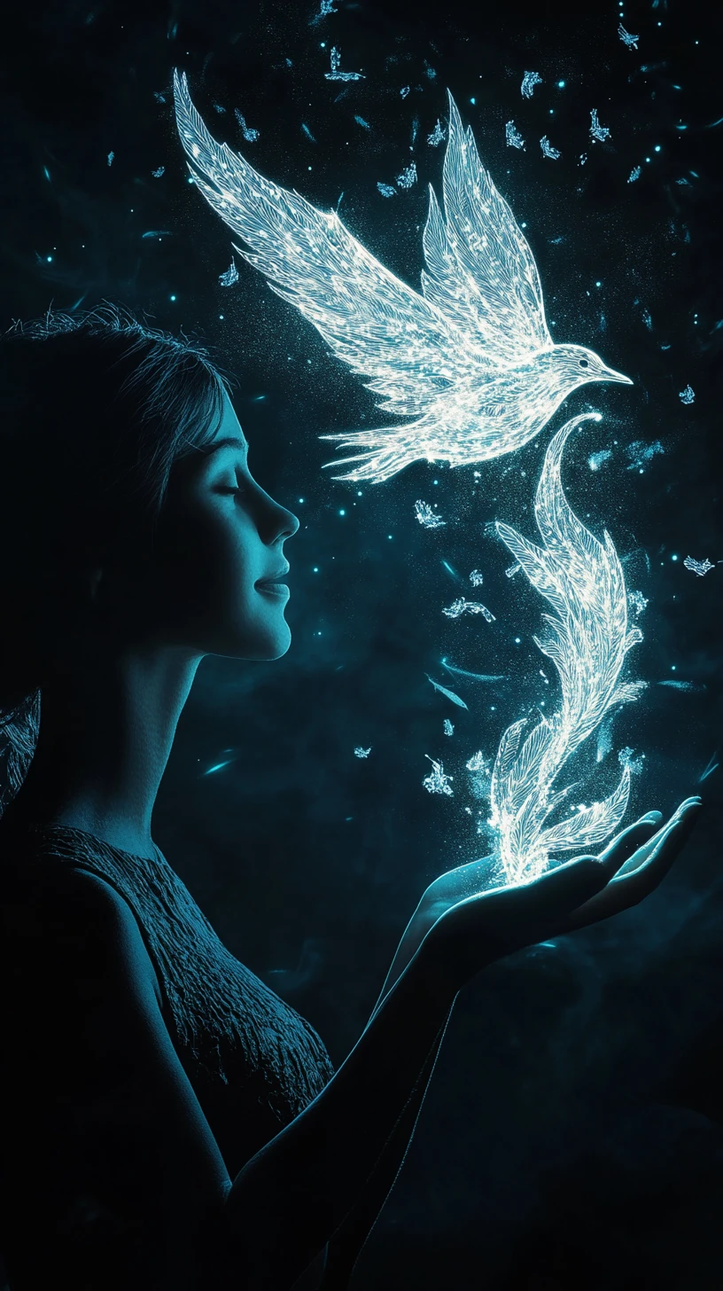 Glowing woman silhouette releasing a luminous bird of light