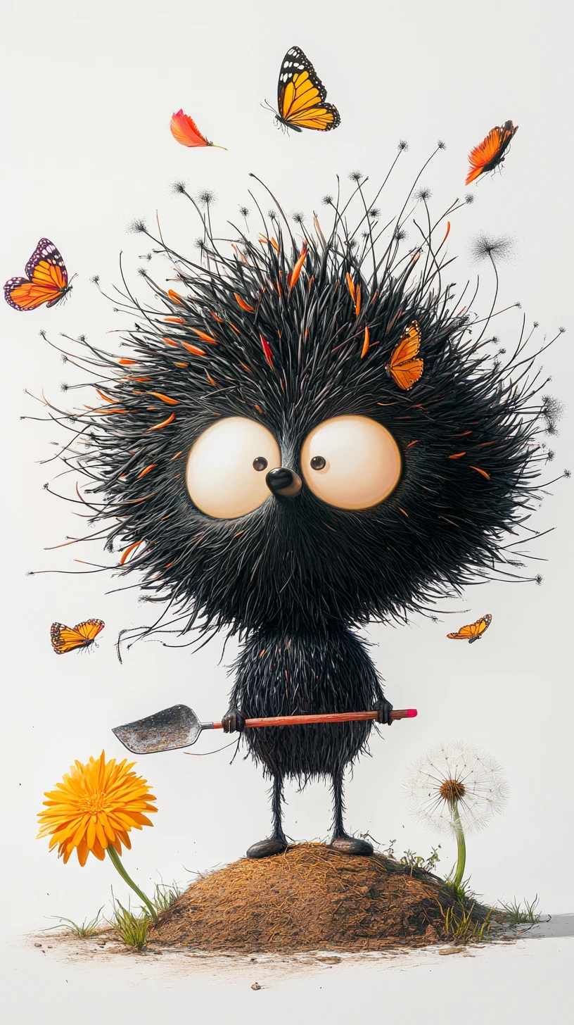 Shaggy Cartoon Hedgehog With Shovel And Butterflies