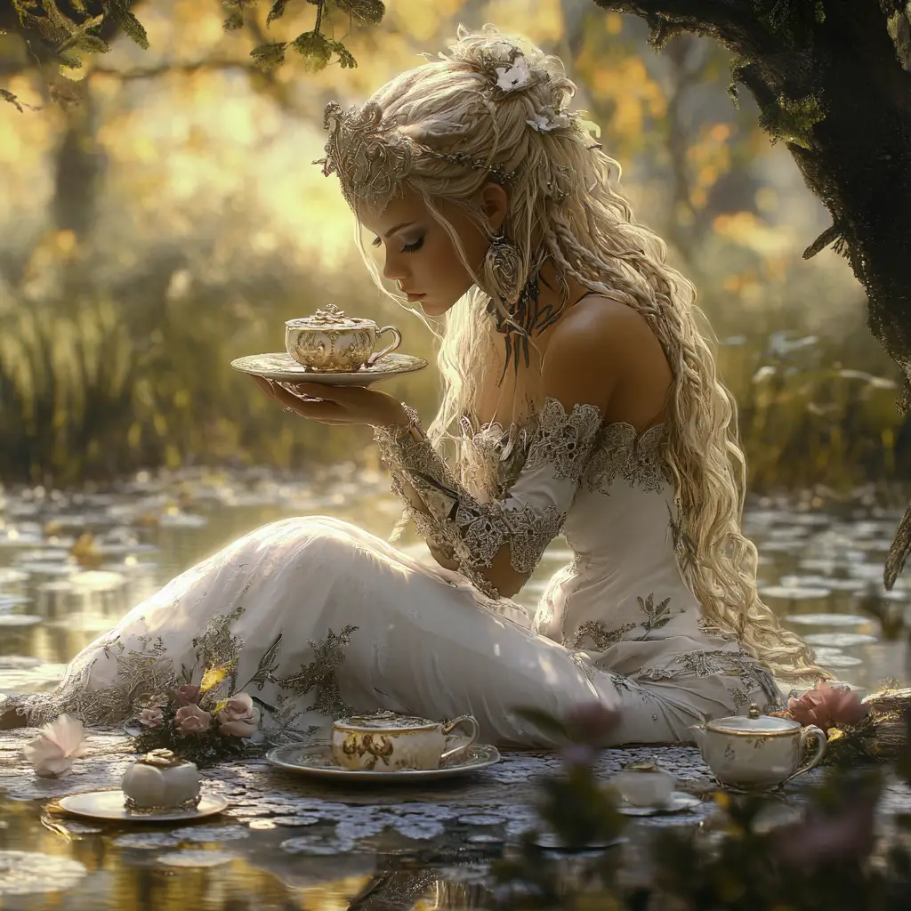 Whimsical fairy woman sitting at a charming pastel teatime