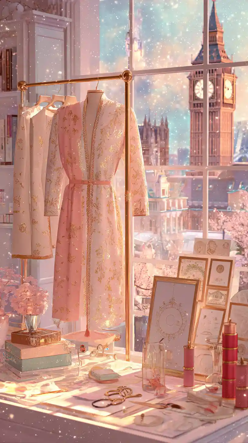 Pastel witch fashion studio with floating silk kimono
