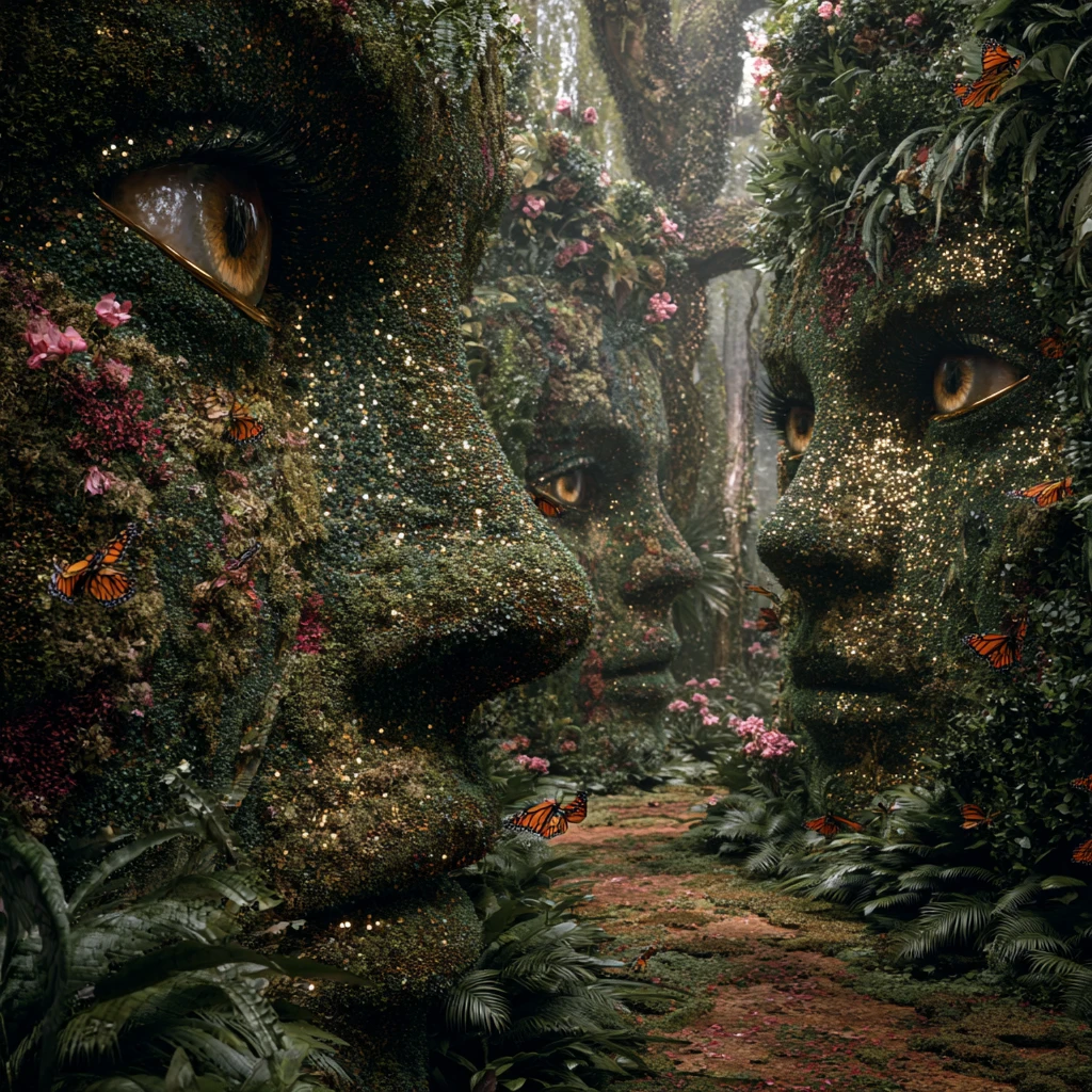 Surreal garden maze with living topiary faces and eyes