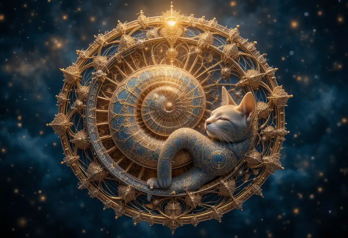 Sleeping cat curled into a golden nautilus shell spiral