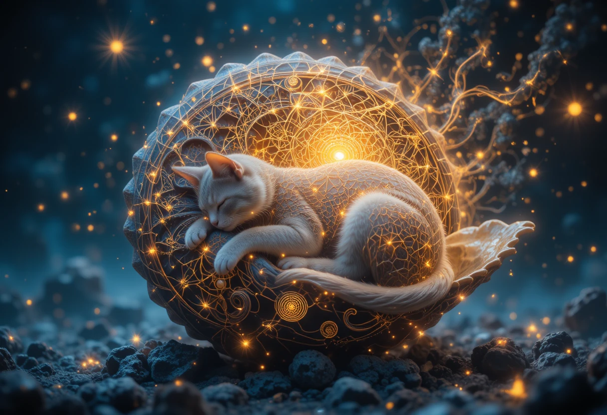 Sleeping cat fused with nautilus shell in sacred geometry