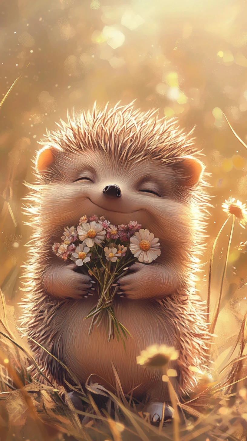Cute baby hedgehog holding flowers in warm sunlight illustration