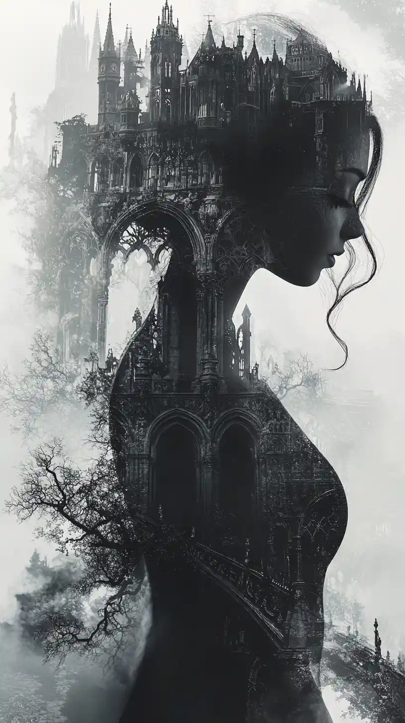 Ethereal woman fused with a gothic cityscape in shadow