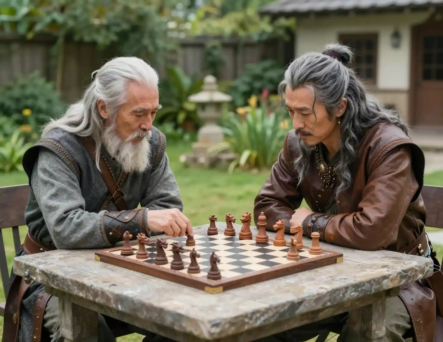 Two elderly men playing dragon chess in garden courtyard