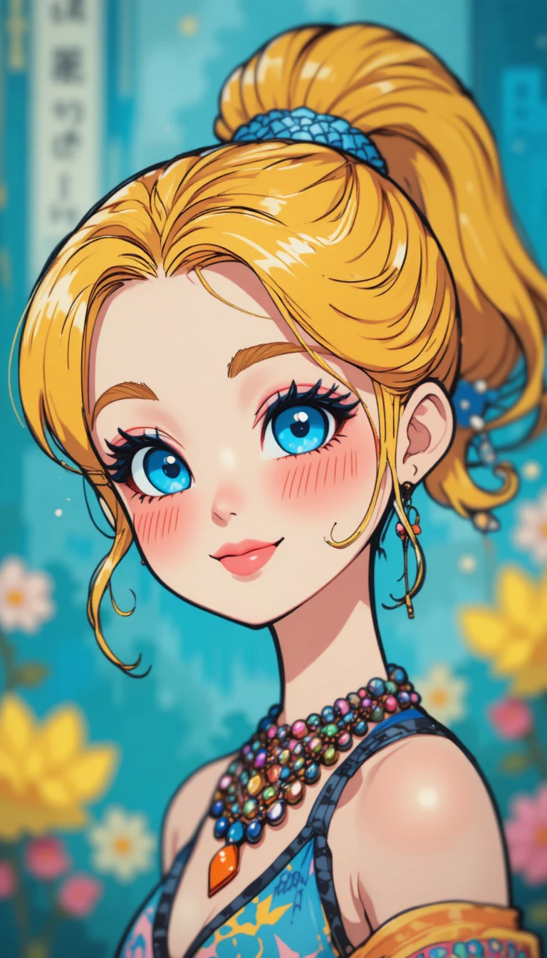 Smiling anime girl with blue eyes in pixel art portrait