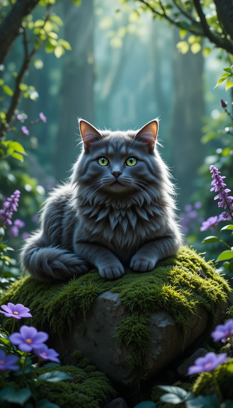Mystical gray cat resting on mossy rock in enchanted forest