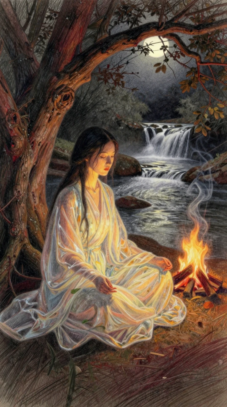 Ethereal woman meditating under a twisted tree by moonlit river