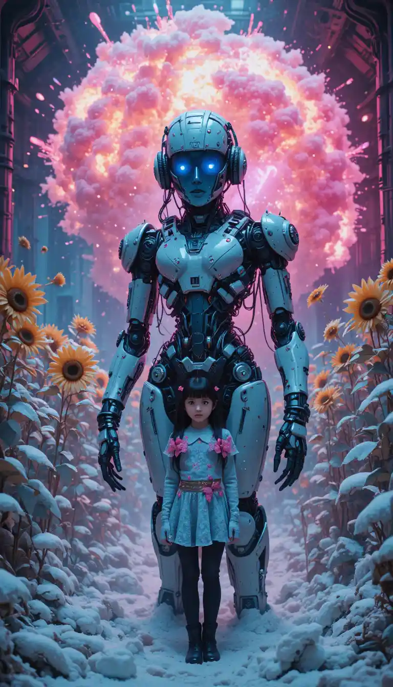 Cybernetic robot in a surreal snowy forest habitat