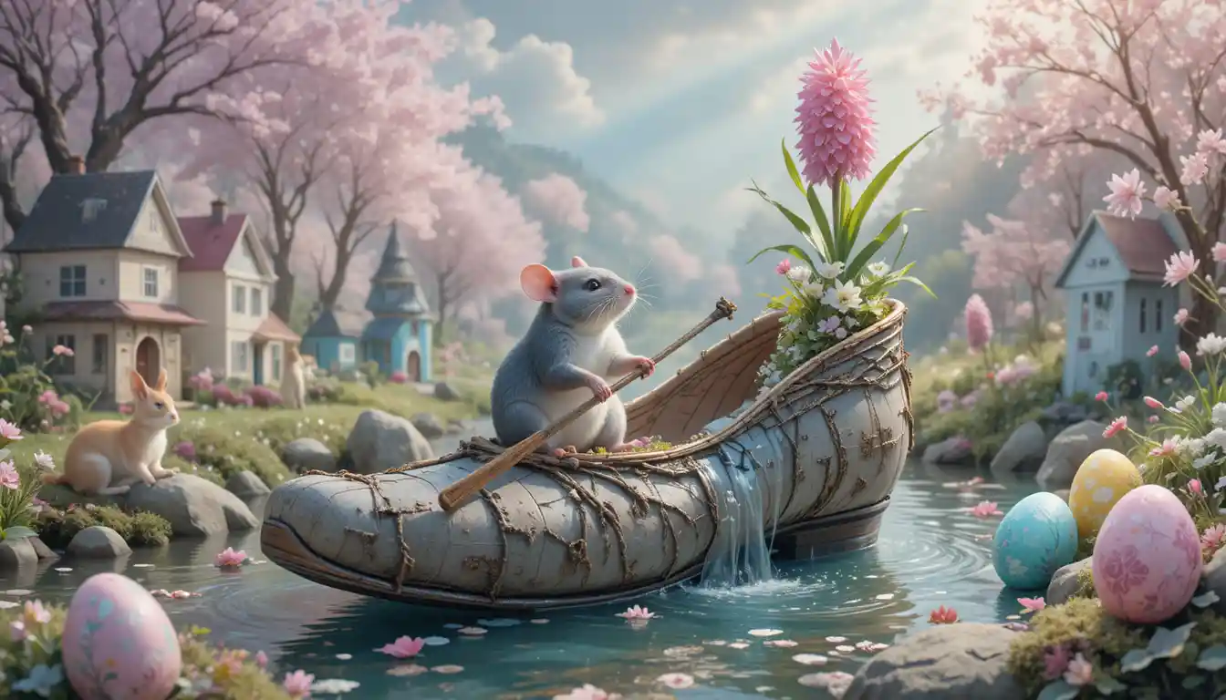 Little gray mouse rowing a birch bark slipper boat