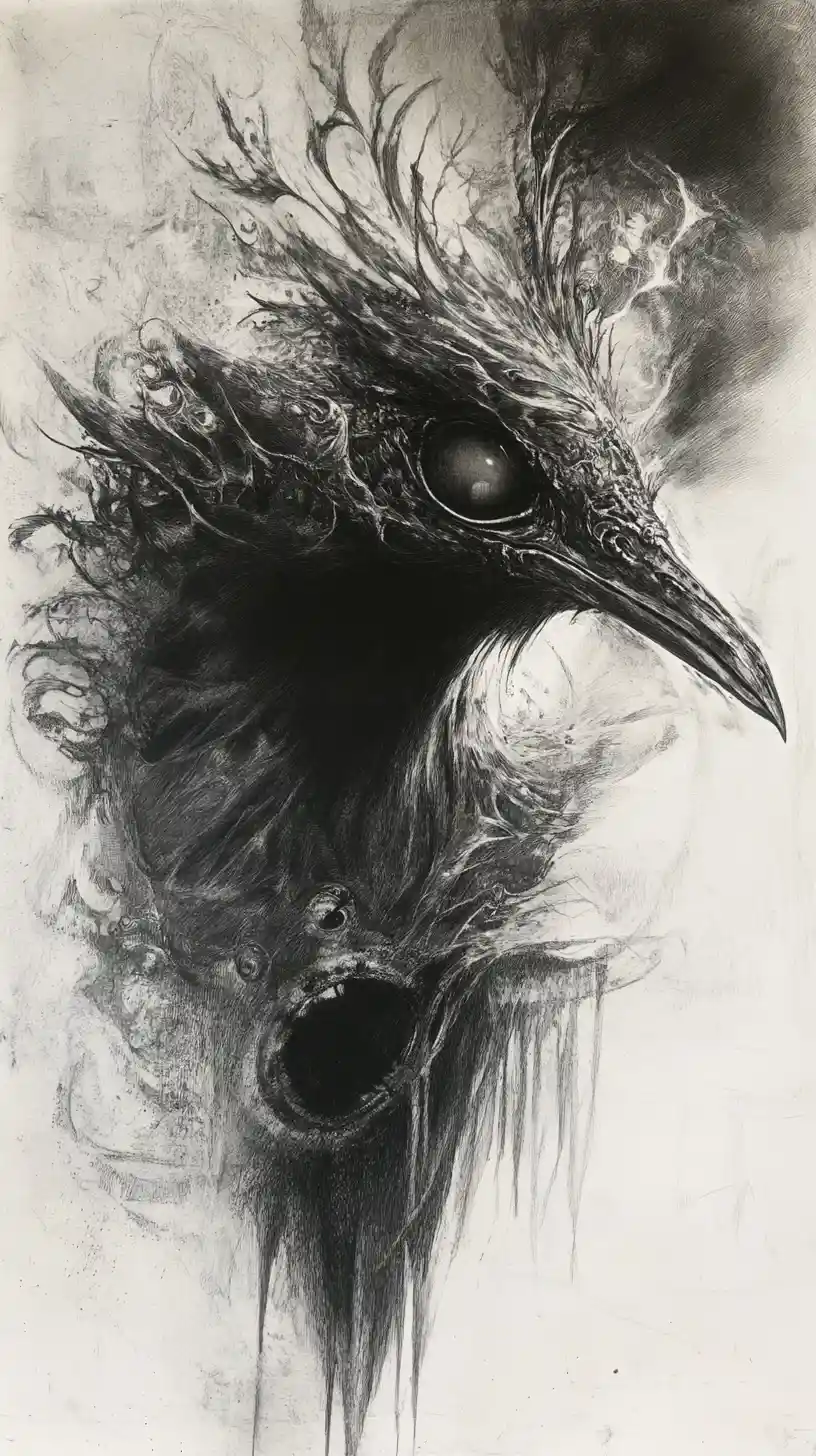 Surreal portrait of a mystical bird like creature dissolving